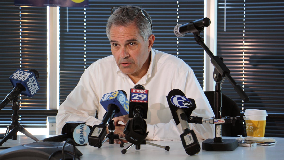  Larry Krasner speaks to the media on May 17, 2017, the day after he won the Democratic nomination for Philadelphia district attorney. (Emma Lee/WHYY, file) 