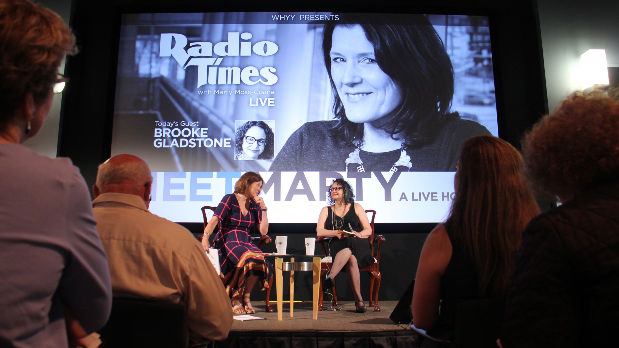 Radio Times host Marty Moss-Coane interviews Brooke Gladstone with a live audience at WHYY. (Emma Lee/WHYY)