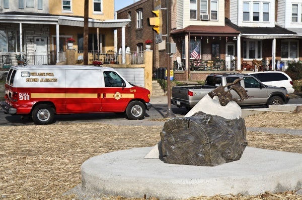 <p>Art work at Engine 38 in Tacony celebrates the history of  firefighting in Philadelphia and the history of the neighborhood and the Disston Saw Works. Work by Suikang Zhao for the Percent for Art program. (Kimberly Paynter/WHYY)</p>
