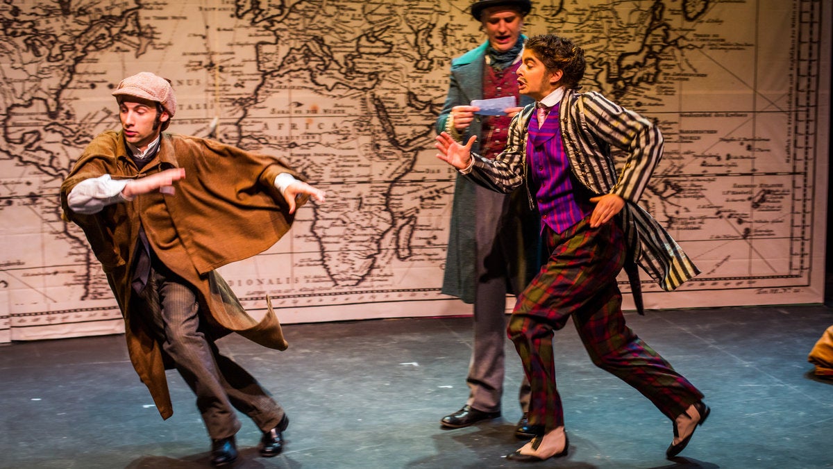  Mark Swift (left), Jared Reed (background) and Sarah Knittel in Hedgerow Theatre Company's production of 'Around the World in 80 Days.' (Photo courtesy of Ashley Labonde/Wide Eyed Studios) 