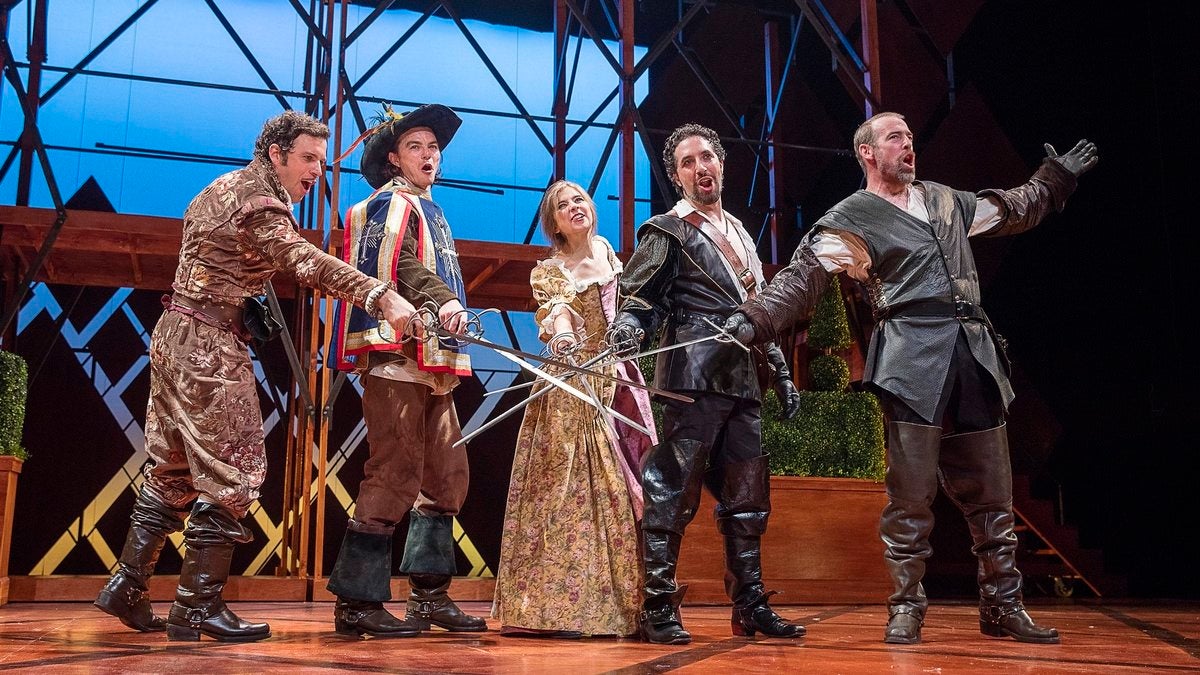  In Pennsylvania Shakespeare Festival's production of 'The Three Musketeers,' the Musketeers are (far left) Zack Robidas, (on right) Alex Sovronsky and Ian Merrill Peakes. In between are Sean Patrick Higgins and Stephanie Hodge.(Photo courtesy of Lee A. Butz) 