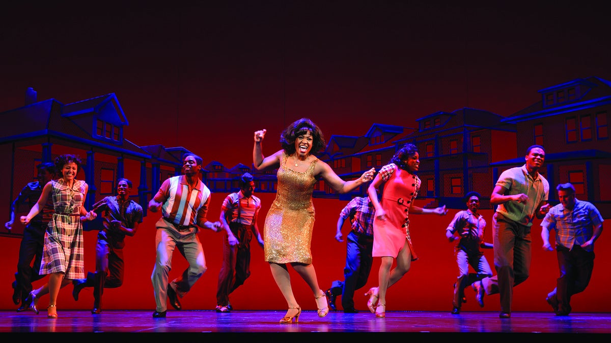  Patrice Covington, in gold outfit, as Martha Reeves (from Martha and the Vandellas) in 'Motown: The Musical' at the Academy of Music. (Photo courtesy of Joan Marcus)  