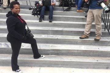  Monica Lyons, a freelance photographer covering the Cosby trial, also showed up to lend her support to the entertainer. Her son Nile, now 23, was on the Cosby show when he was just 3. (Dana DiFilippo/WHYY) 