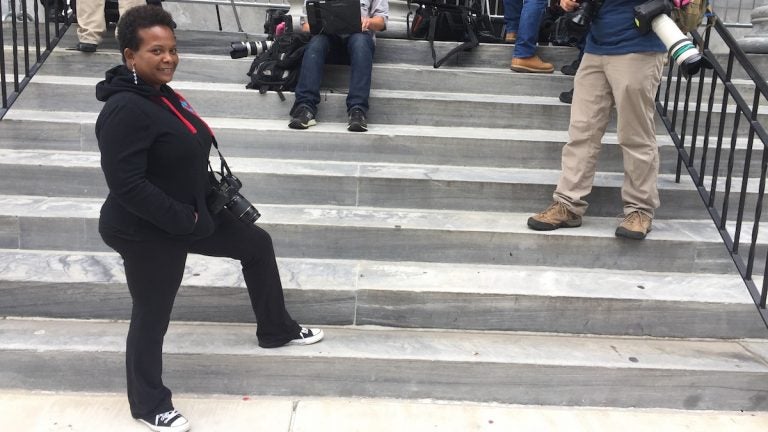 image-uploaded-from-ios-9 Monica Lyons, a freelance photographer covering the Cosby trial, also showed up to lend her support to the entertainer. Her son Nile, now 23, was on the Cosby show when he was just 3. (Dana DiFilippo/WHYY)