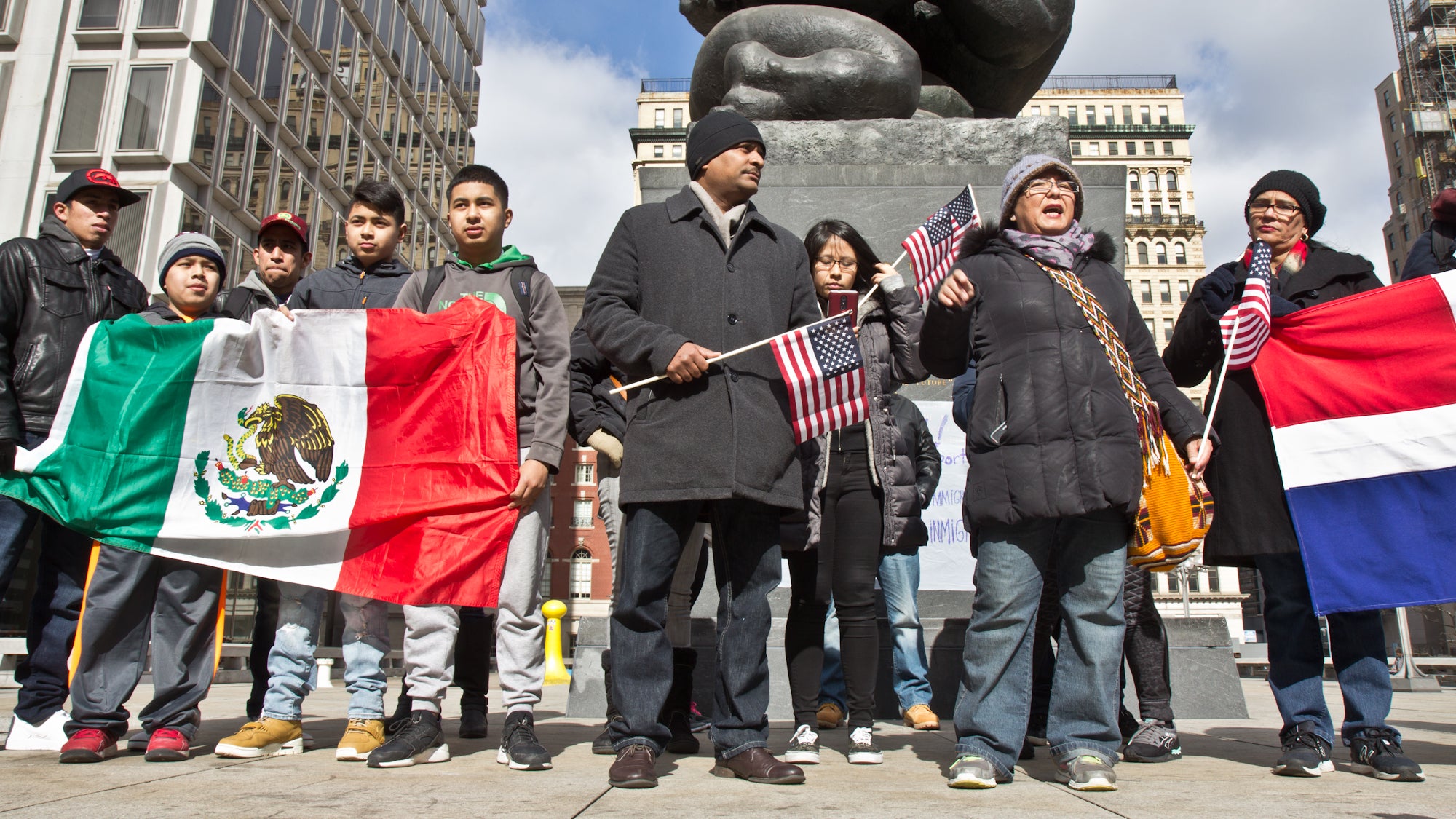  Immigrants who participated in A Day Without Immigrants gather a Thomas Paine park for a rally. (Kimberly Paynter/WHYY) 
