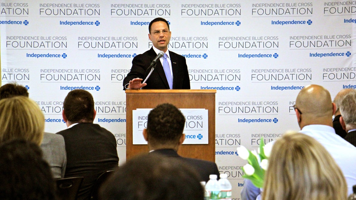 Pennsylvania Attorney General Josh Shapiro speaks at an opioid forum hosted by the Independence Blue Cross Foundation. (Emma Lee/WHYY) 