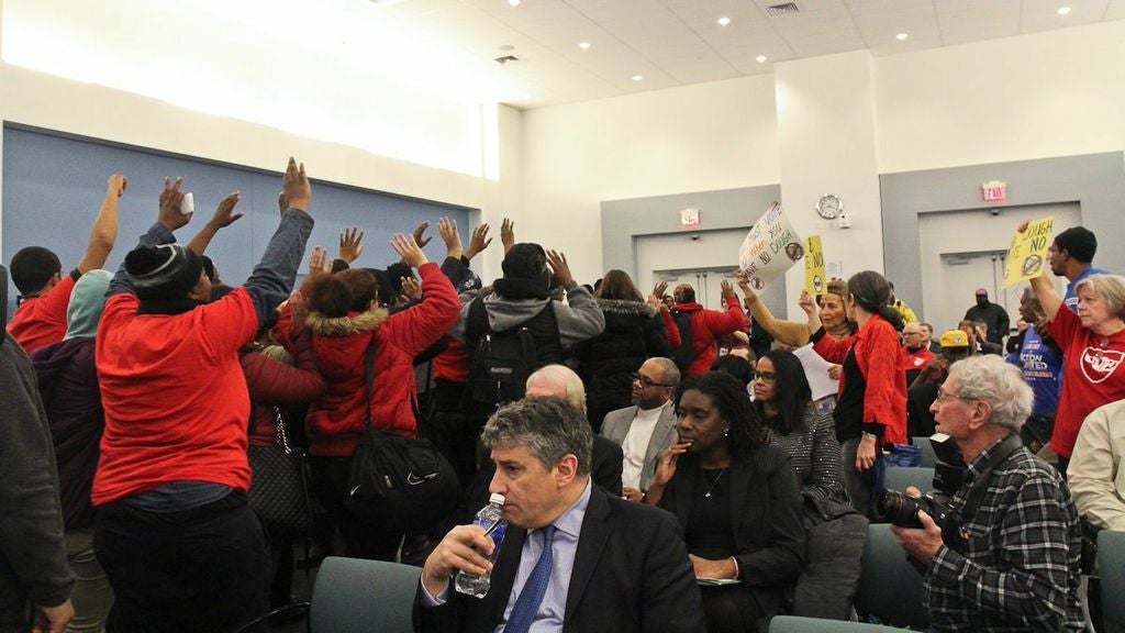  Charter school applicants and protesters crowd the School Reform Commission meeting Wednesday. (Kimberly Paynter/WHYY)  