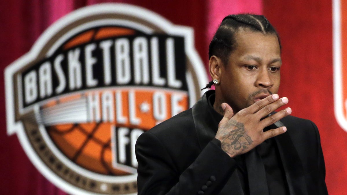  2016 Basketball Hall of Fame inductee Allen Iverson blows a kiss during induction ceremonies at Symphony Hall, Friday, Sept. 9, 2016, in Springfield, Mass. (AP Photo/Elise Amendola) 