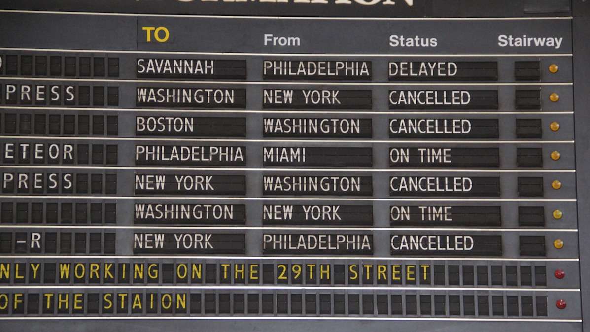 Amtrak trains between New York and Philadelphia are not running. The remainder of the Northeast Corridor is running with severe delays.