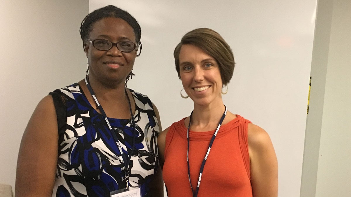  Cathleen Watkins (left)  and SaraLiz Gausz (right) presented a conference on trauma in K-12. (Anne Hoffman for NewsWorks) 