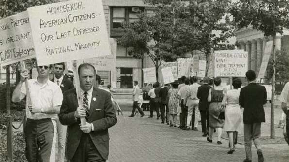 Picketers march outside Philadelphia's Independence Hall in what became known as the Annual Reminder for gay rights. (Kay Tobin Lahusen/courtesy of the John J. Wilcox Jr. LGBT Archives)