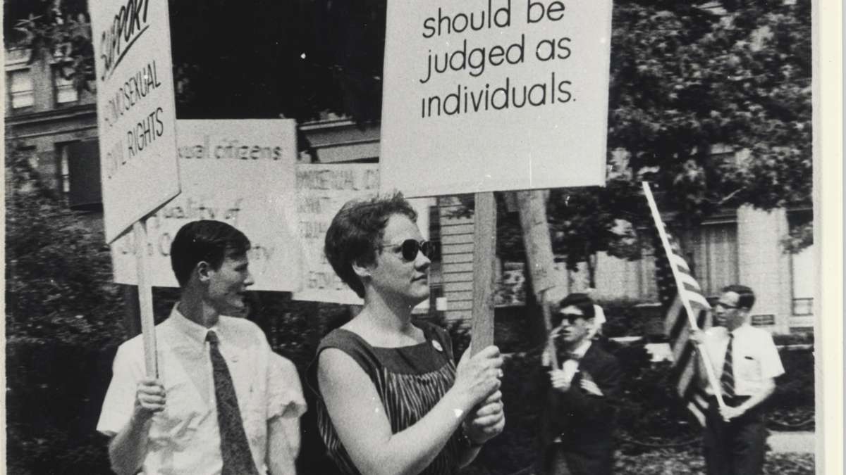 Barbara Gittings marches in the Annual Reminder in 1966. (Kay Tobin Lahusen/courtesy of the John J. Wilcox Jr. LGBT Archives)