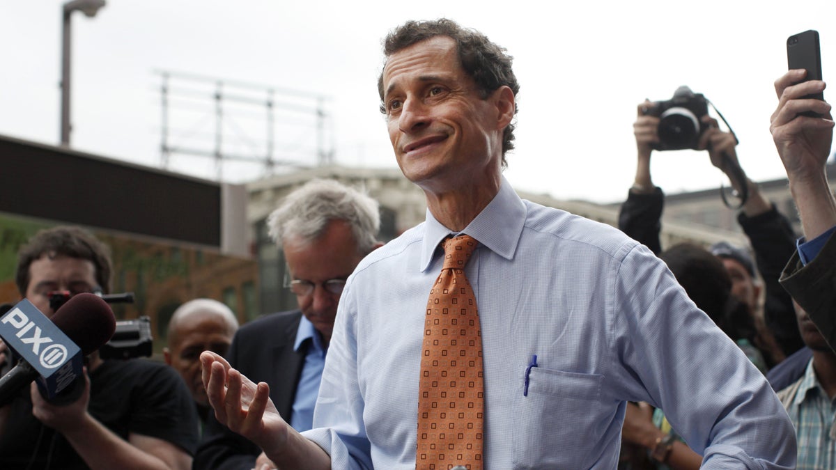  New York City mayoral hopeful Anthony Weiner speaks to reporters during a campaign event in May. (AP Photo/Jason DeCrow, file) 