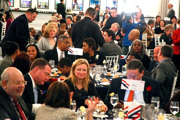 <p><p>Michael Fishbein (left), Carl Buchholz of Blank Rome, Karen Buchholz of Comcast, and Americanism Dinner Chair David L. Cohen of Comcast. Seated at the table behind: Robert and Rosemary Turner (Photo courtesy of Scott Weiner)</p></p>
