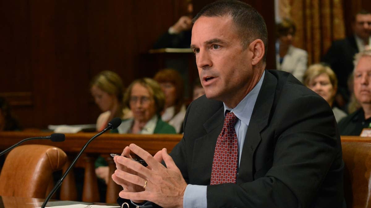  Marcus Brown speaks before the Pennsylvania Senate Law and Justice committee during his confirmation hearing for State Police Commissioner last week. The full Senate on Monday voted down his nomination, and now he will continue in an acting capacity to lead Pa. State Police.  (AP Photo/Marc Levy) 