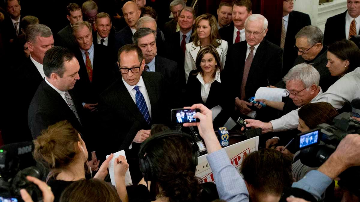 Pennsylvania Senate President Pro Tem Joe Scarnati, center, hopes to quash a school funding lawsuit brought by districts and advocates. (AP file photo) 