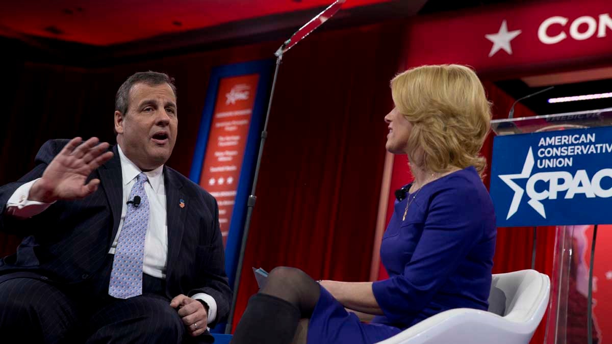  New Jersey Gov. Chris Christie speaks with Laura Ingraham during the Conservative Political Action Conference in National Harbor, Maryland, Thursday. (AP Photo/Carolyn Kaster) 