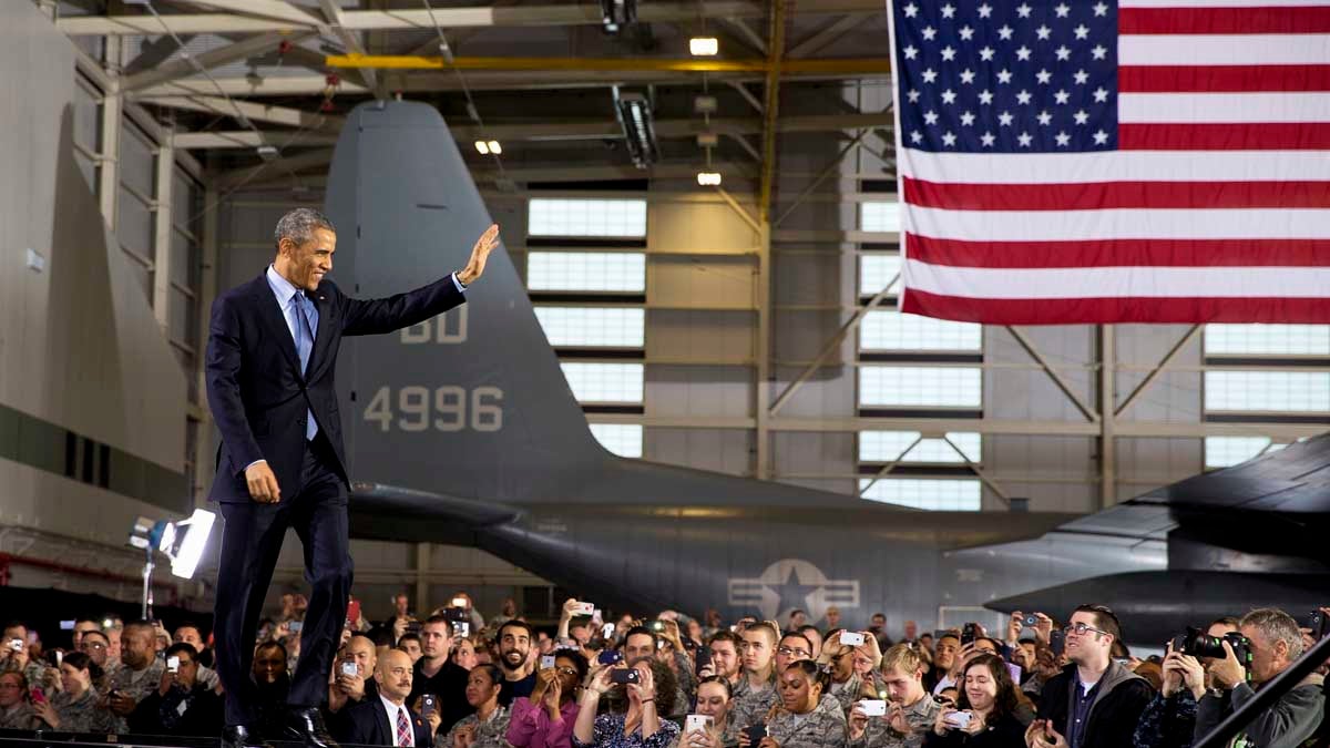  President Barack Obama waves to troops and their families assembled at Joint Base McGuire-Dix-Lakehurst in December. The Pentagon could trim operations at the installation in Wrightstown, New Jersey. (AP file photo)  