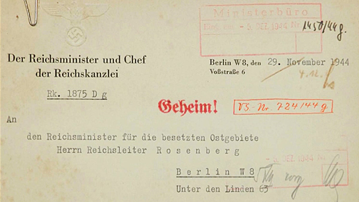  Federal officials released this communication to Alfred Rosenberg. A translation of the 1944 document mentions 