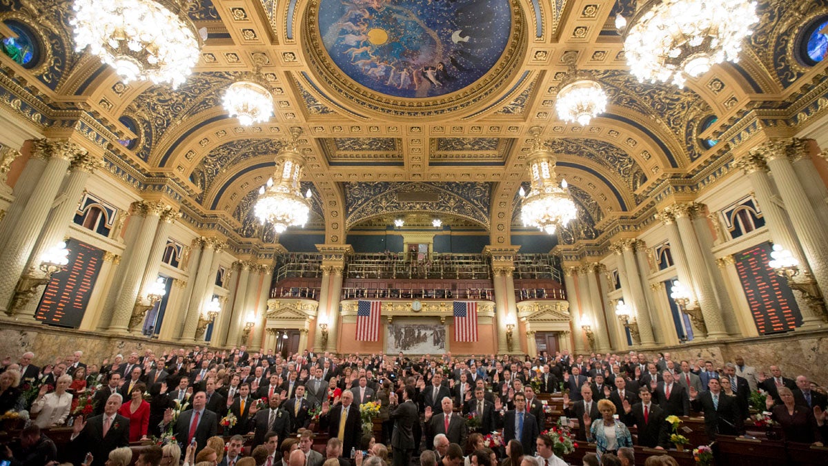 Members of the Pennsylvania General Assembly are sworn in Tuesday at the state Capitol in Harrisburg. Republicans who control both the Senate and House picked up additional seats in the November election. (AP Photo/Matt Rourke) 
