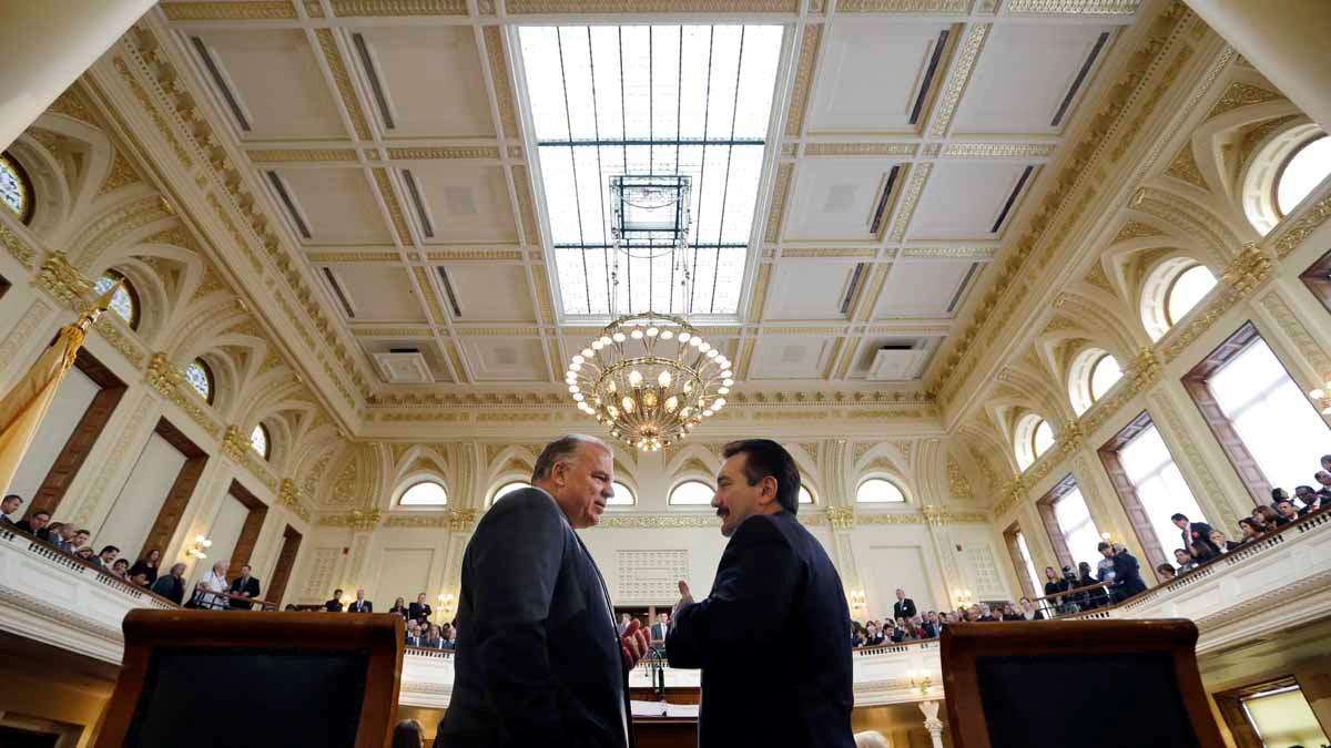  New jersey Senate President Steve Sweeney, left, and Assembly Speaker Vinnie Prieto say they would like consensus on New Jersey's budget, but don't hold out much hope. (AP file photo)  