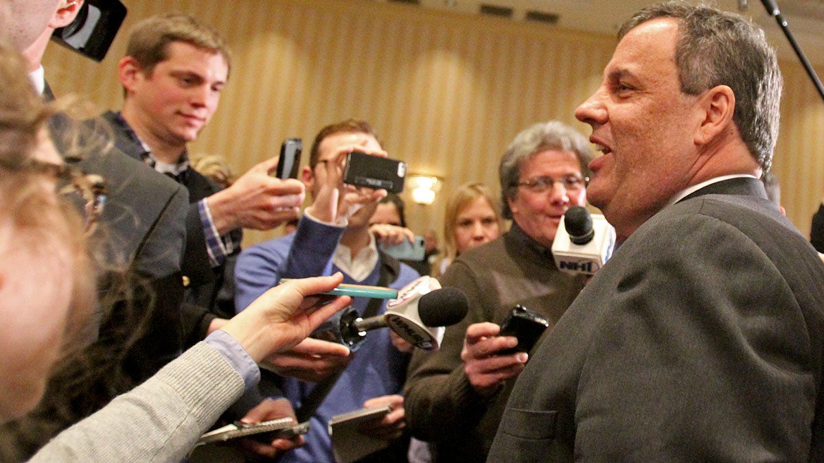  New Jersey Gov. Chris Christie speaks to the media at the third Annual Lincoln-Reagan Dinner at The Grappone Center Monday in Concord, New Hampshire. (AP photo/Mary Schwalm) 