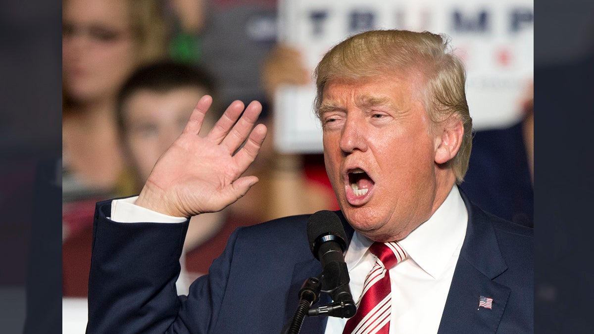 Republican presidential candidate Donald Trump waves to the crowd during a rally in Roanoke