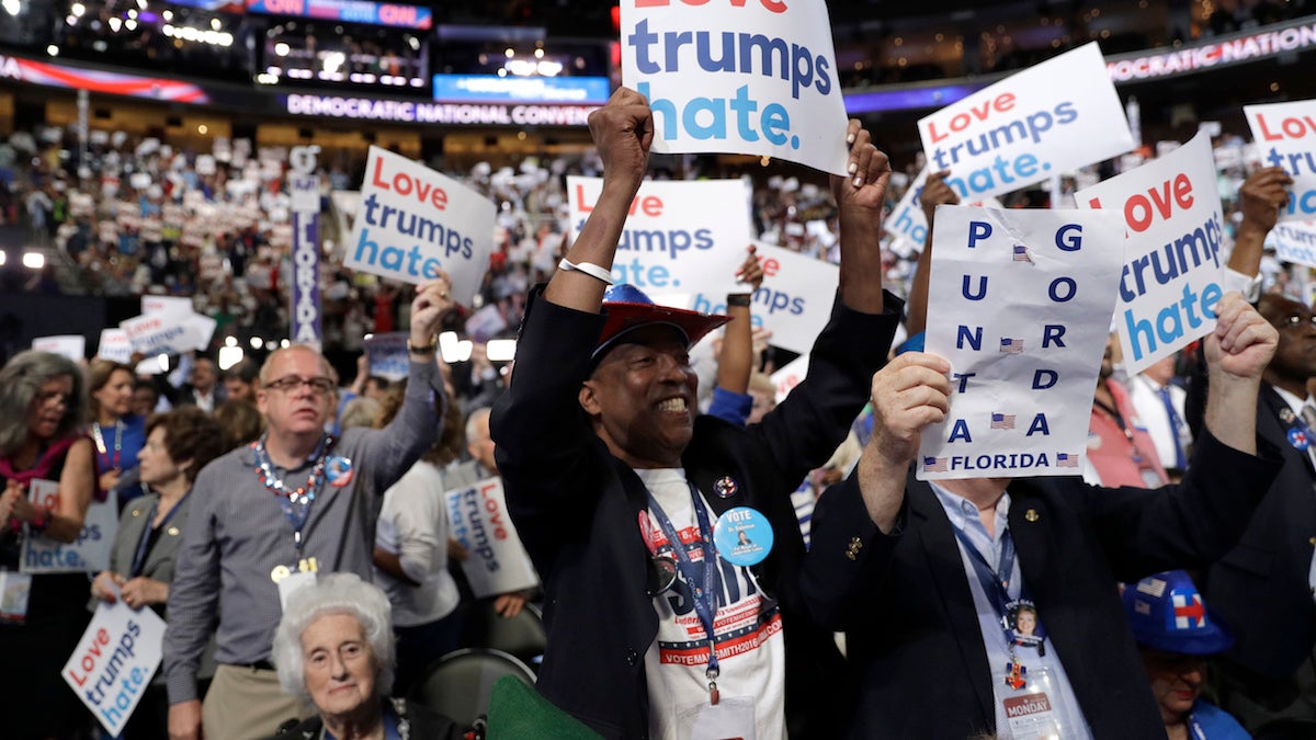  Florida delegates cheer during the first day of the Democratic National Convention in Philadelphia Monday. (AP Photo/John Locher) 