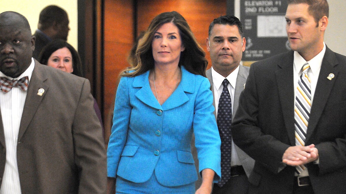Pennsylvania Attorney General Kathleen Kane enters the Montgomery County courtroom on Thursday