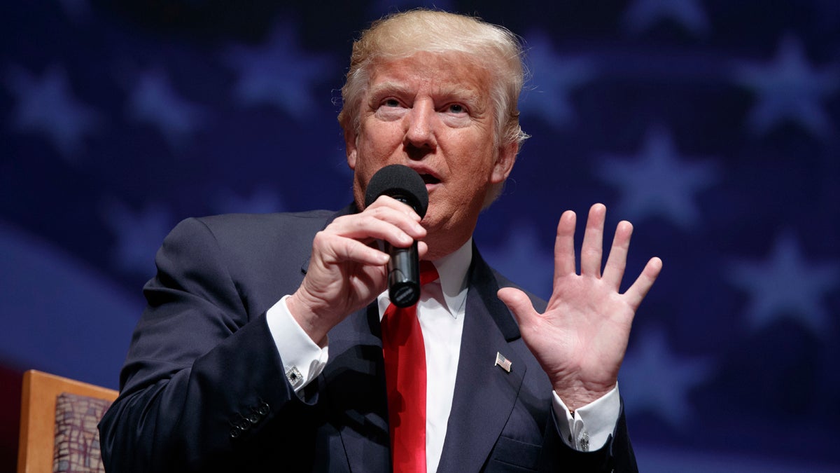 Republican presidential candidate Donald Trump speaks during a town hall Tuesday in Virginia Beach. He will be in Philadelphia for an address at the Union League in Philadelphia Wednesday morning. (AP Photo/Evan Vucci)