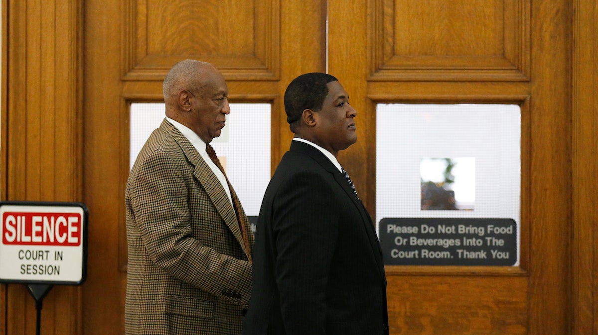  Bill Cosby, left, leaves the courtroom during a break in the pretrial hearing in his sexual assault case at the Montgomery County Courthouse in Norristown, Pa., Tuesday. Lawyers for Cosby will battle in court to try to limit the number of other accusers who can testify at the comedian's sexual assault trial. (David Maialetti/The Philadelphia Inquirer via AP, Pool) 