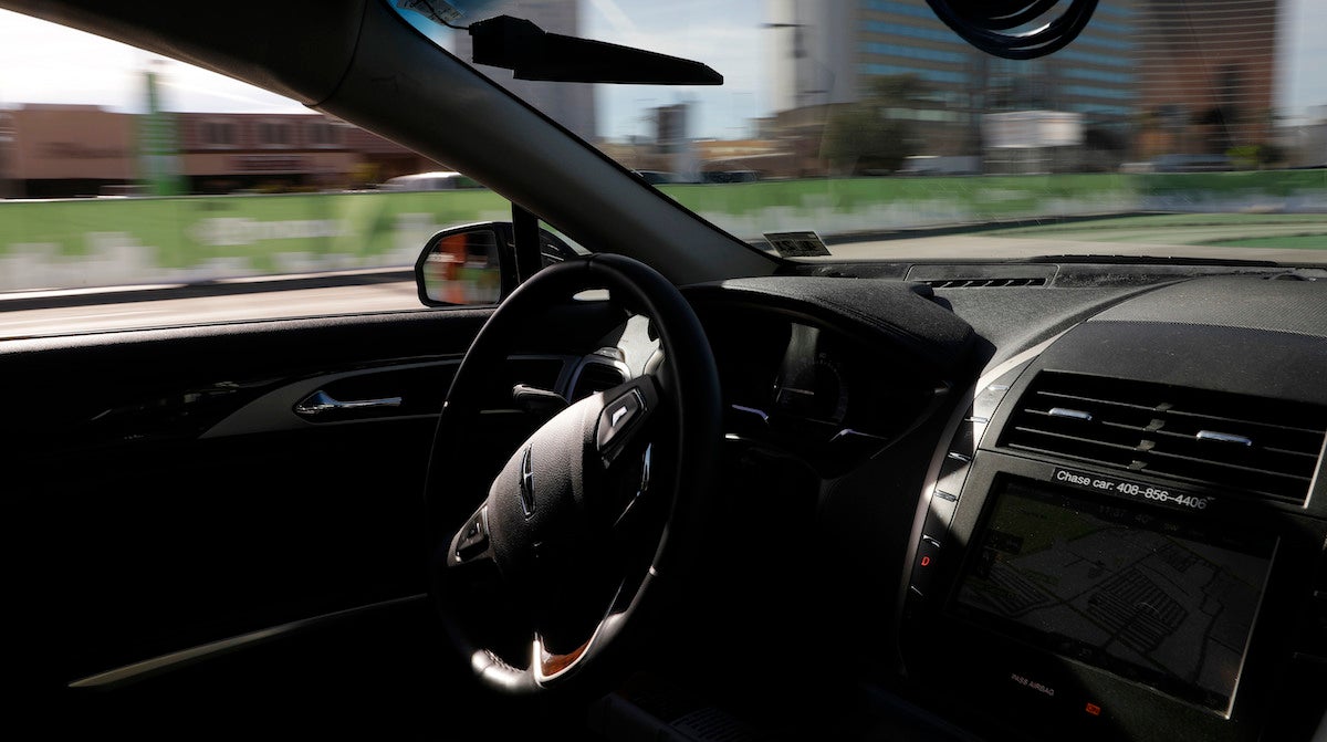  An autonomous car controlled by a Nvidia DRIVE PX 2 AI car computing platform drives along a course during CES International, Friday, Jan. 6, 2017, in Las Vegas. (John Locher/AP Photo) 