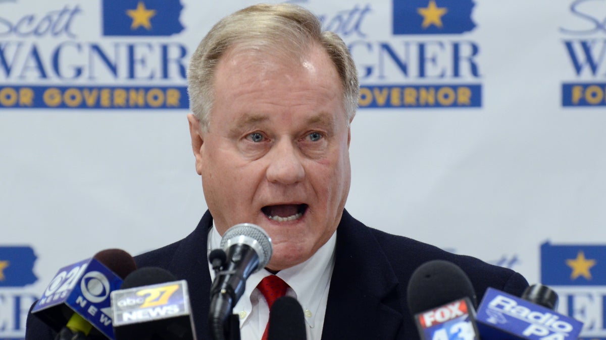  York County Sen. Scott Wagner, who is seeking the Republican nomination to run for governor in Pennsylvania, spoke at a gathering of natural gas-drilling advocates Monday.(AP Photo/Marc Levy) 
