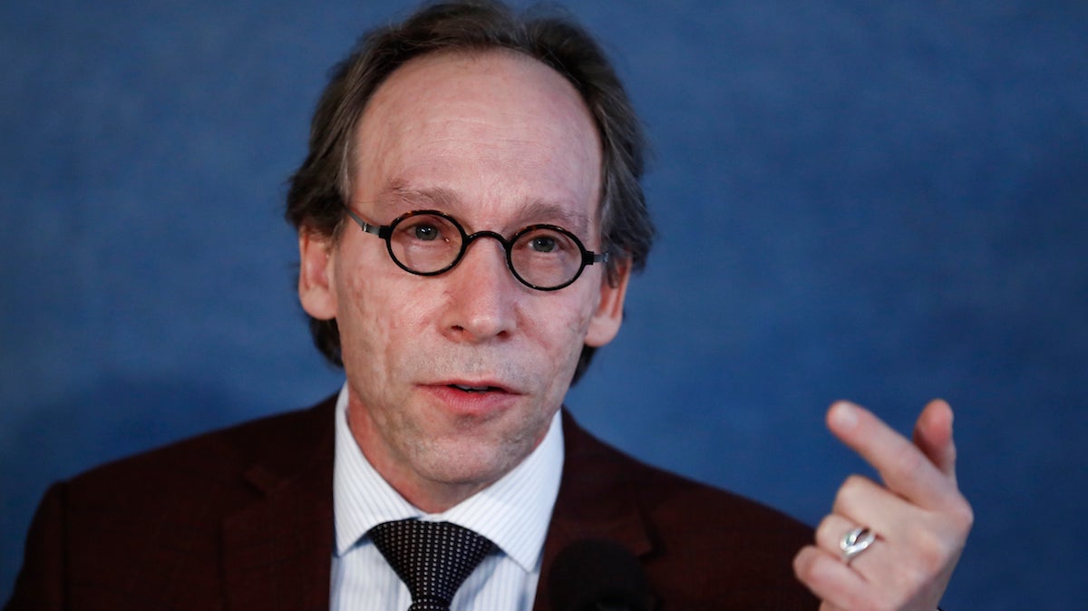 Lawrence Krauss, theoretical physicist, chair of the Bulletin of the Atomic Scientists Board of Sponsors, speaks during a news conference the at the National Press Club in Washington, Thursday, Jan. 26, 2107, announcing that the Bulletin of the Atomic Scientist have moved the minute hand of the Doomsday Clock to two and a half minutes to midnight. (AP Photo/Carolyn Kaster)