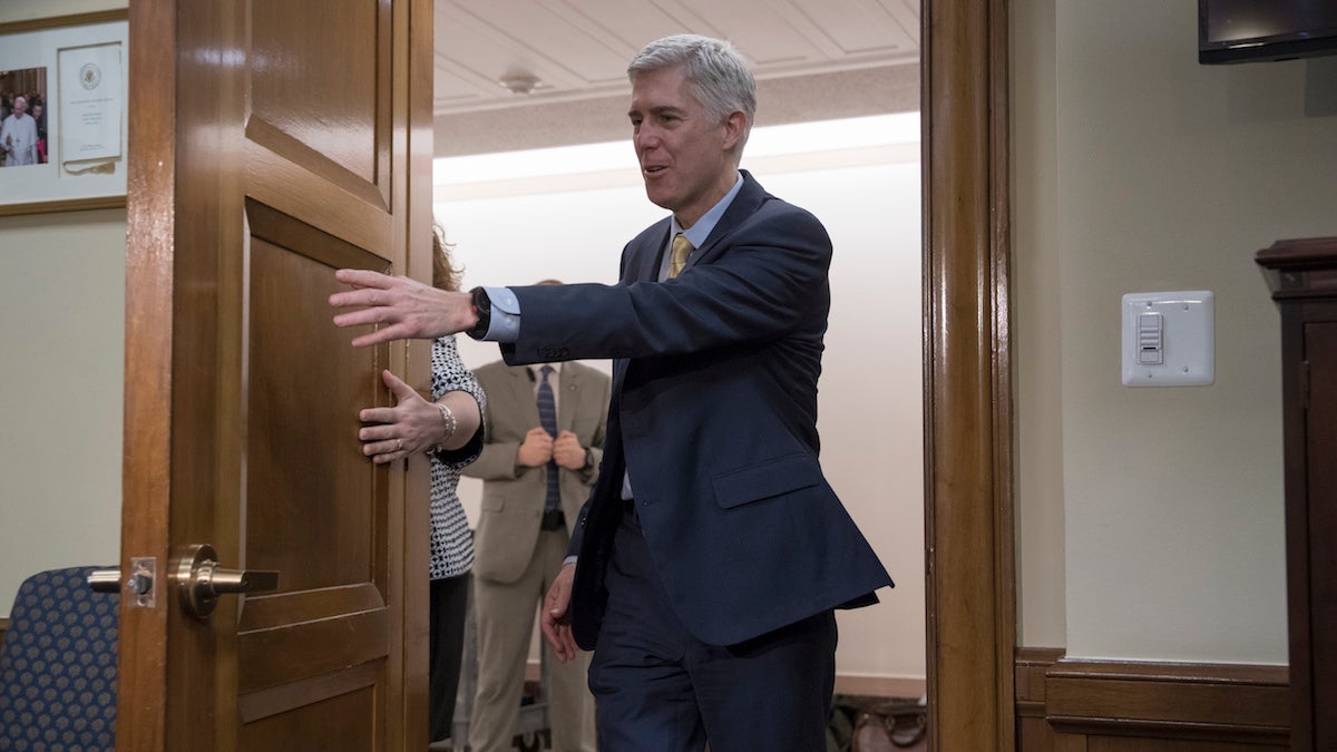  Supreme Court Justice nominee Neil Gorsuch arrives for a meeting with Sen. Roger Wicker, R-Miss. on Capitol Hill in Washington, Friday, Feb. 10, 2017. (AP Photo/J. Scott Applewhite) 