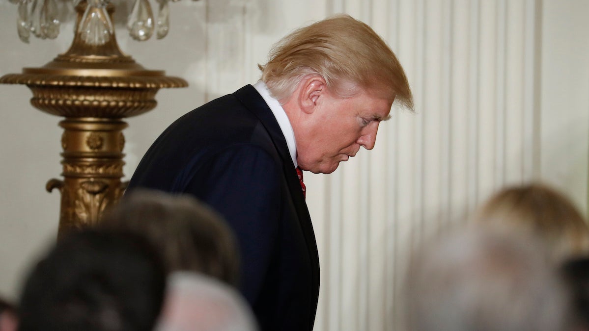  President Donald Trump walks off stage after a joint news conference with Japanese Prime Minister Shinzo Abe in the East Room of the White House in Washington, Friday. (AP Photo/Pablo Martinez Monsivais) 