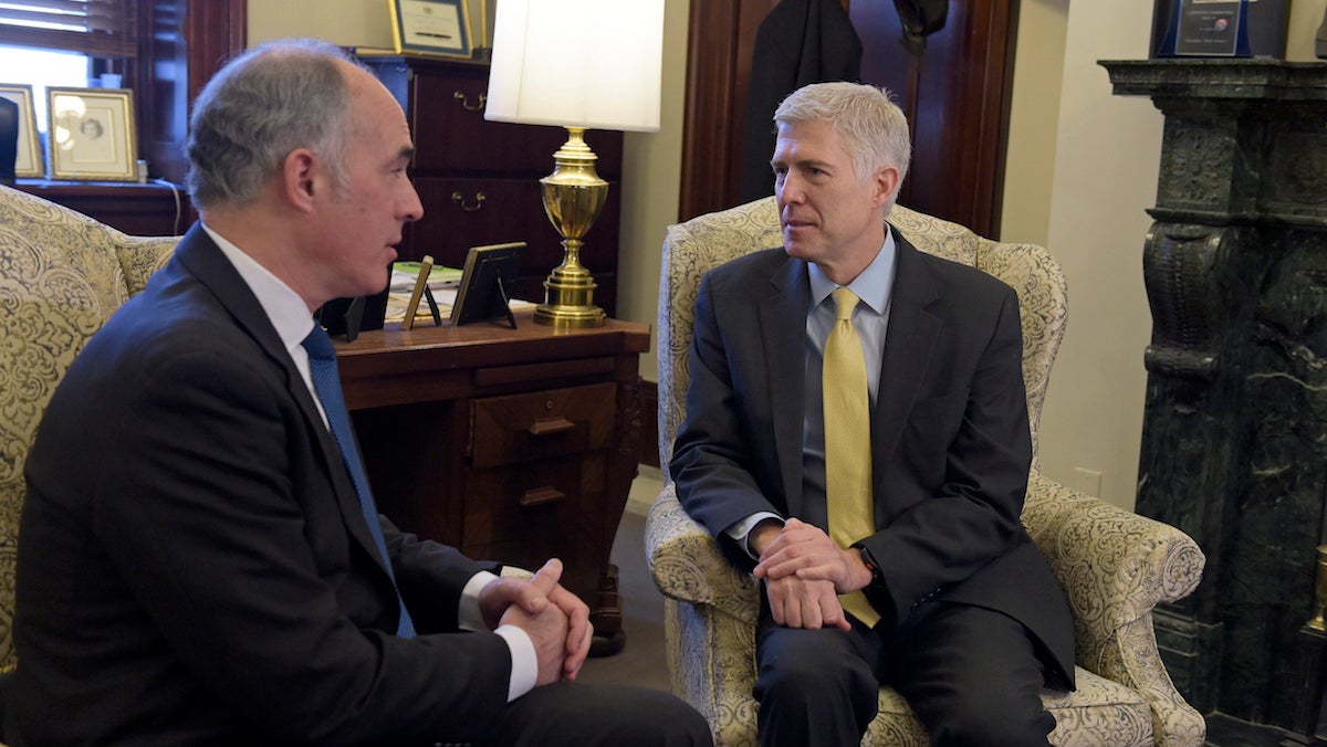  Sen. Bob Casey, Jr., D-Pa., left, talks with Supreme Court Justice nominee Neil Gorsuch at the beginning of their meeting on Capitol Hill in Washington, Thursday, Feb. 16, 2017. (AP Photo/Susan Walsh) 