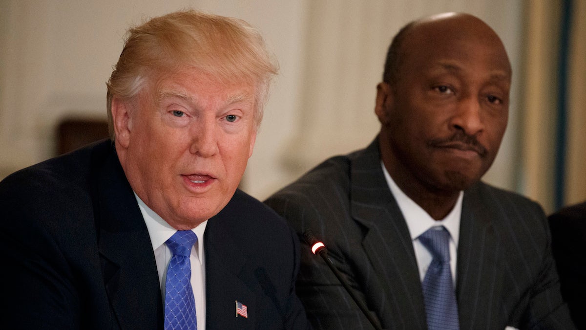  Merck CEO Kenneth Frazier listens at right as President Donald Trump speaks during a meeting with manufacturing executives at the White House in Washington, Thursday, Feb. 23, 2017. (AP Photo/Evan Vucci) 