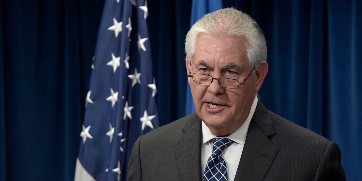  Secretary of State Rex Tillerson makes a statement on issues related to visas and travel Monday at the U.S. Customs and Border Protection office in Washington. (AP Photo/Susan Walsh) 