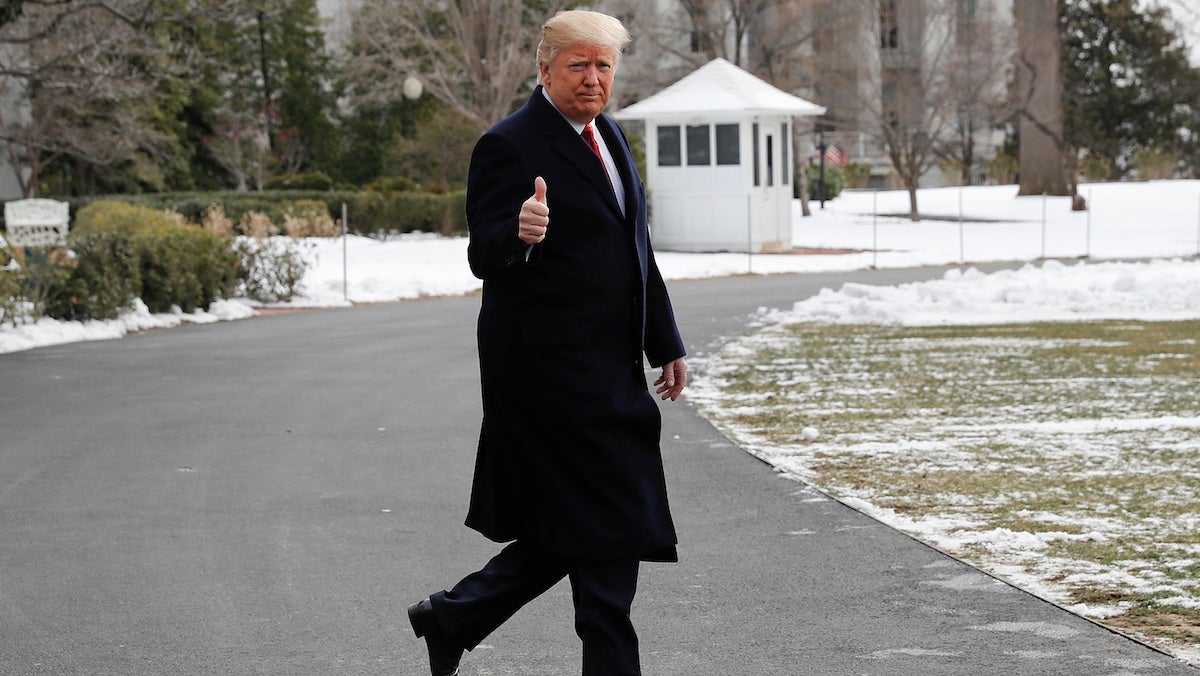  President Donald Trump gives a 'thumbs-up' as he walks across the South Lawn of the White House in Washington, Wednesday, March 15, 2017, before boarding Marine One for the short flight to nearby Andrews Air Force Base, Md.  (AP Photo/Pablo Martinez Monsivais) 