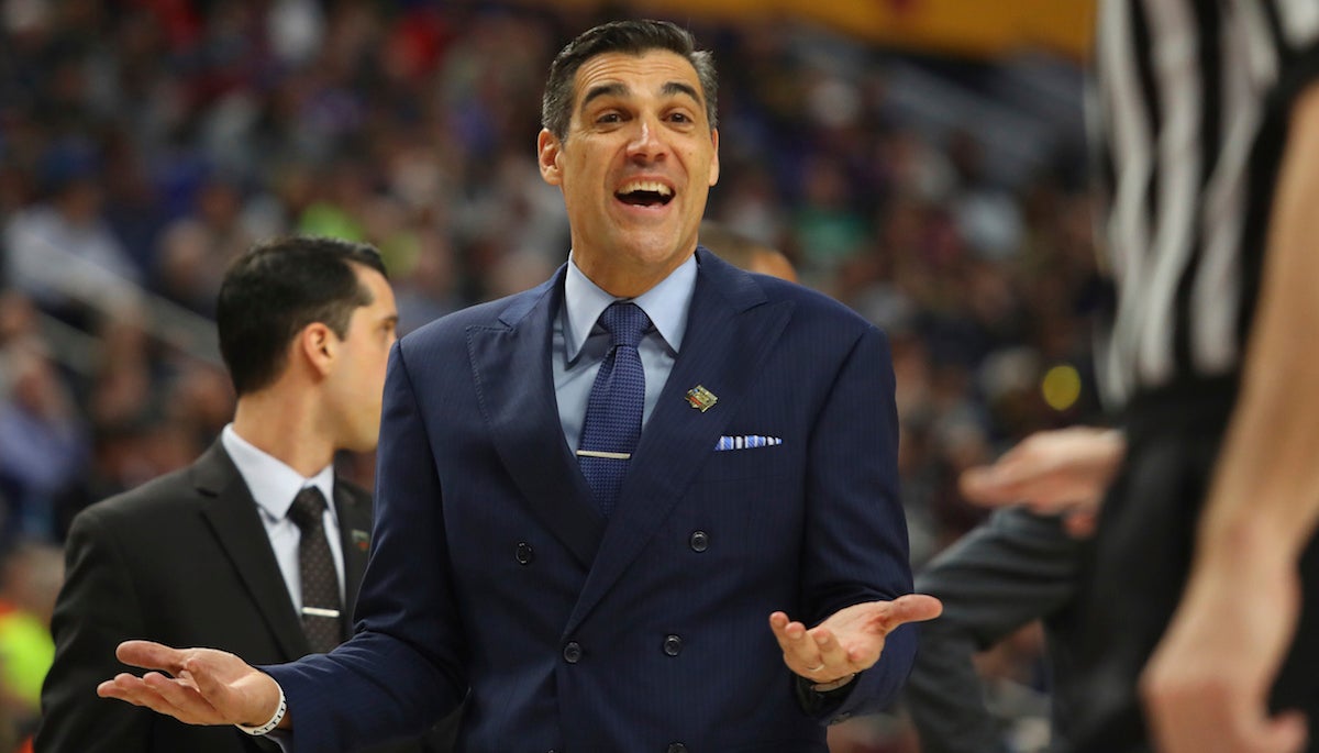  Villanova head coach Jay Wright speaks to an official during the first half of a second-round men's college basketball game against Wisconsin in the NCAA Tournament, Saturday, March 18, 2017, in Buffalo, N.Y. (AP Photo/Bill Wippert) 