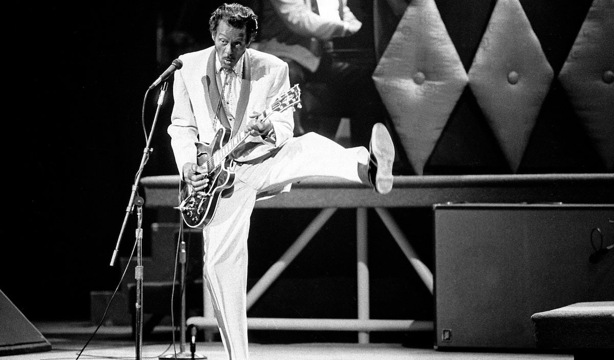  In this Oct. 17, 1986 file photo, Chuck Berry performs during a concert celebration for his 60th birthday at the Fox Theatre in St. Louis, Mo. On Saturday, March 18, 2017, police in Missouri said Berry has died at the age of 90. (AP Photo/James A. Finley) 