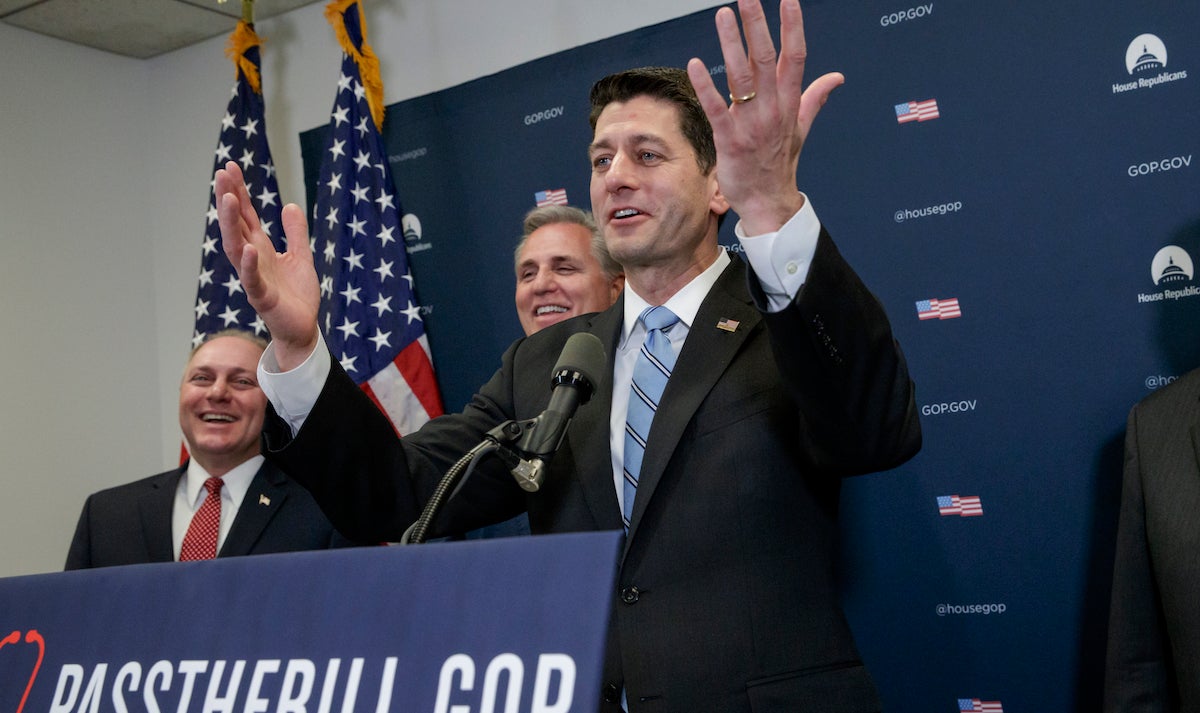  From right, House Speaker Paul Ryan of Wis., joined by House Majority Leader Kevin McCarthy of Calif., and Majority Whip Steve Scalise, R-La., speaks to reporters on Capitol Hill in Washington, Tuesday, March 21, 2017, after meeting with President Donald Trump who came to Capitol Hill to rally support among GOP lawmakers for the Republican health care overhaul. (AP Photo/J. Scott Applewhite) 