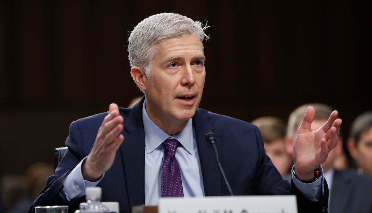  Supreme Court Justice nominee Neil Gorsuch testifies on Capitol Hill in Washington, Tuesday, March 21, 2017, during his confirmation hearing before the Senate Judiciary Committee. (AP Photo/Pablo Martinez Monsivais) 