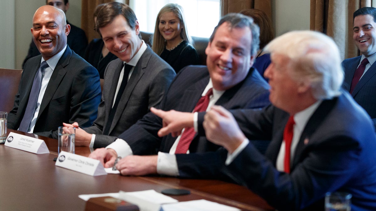  President Donald Trump jokes with former New York Yankees pitcher Mariano Rivera, left, during a listening session on opioid and drug abuse Wednesday in the Cabinet Room of the White House in Washington. From left are, Rivera, White House senior adviser Jared Kushner, New Jersey Gov. Chris Christie and Trump. (AP Photo/Evan Vucci) 