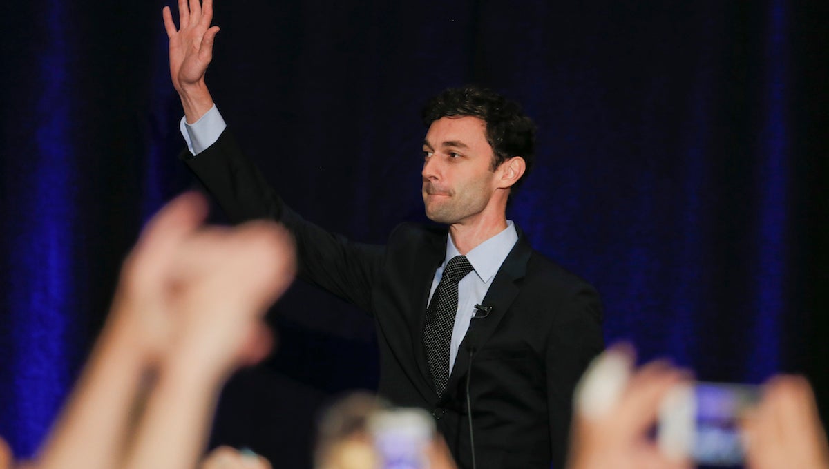  Democratic candidate for Georgia's Sixth Congressional Seat Jon Ossoff waves to supporters after speaking during an election-night watch party Tuesday, April 18, 2017, in Dunwoody, Ga. (AP Photo/John Bazemore) 
