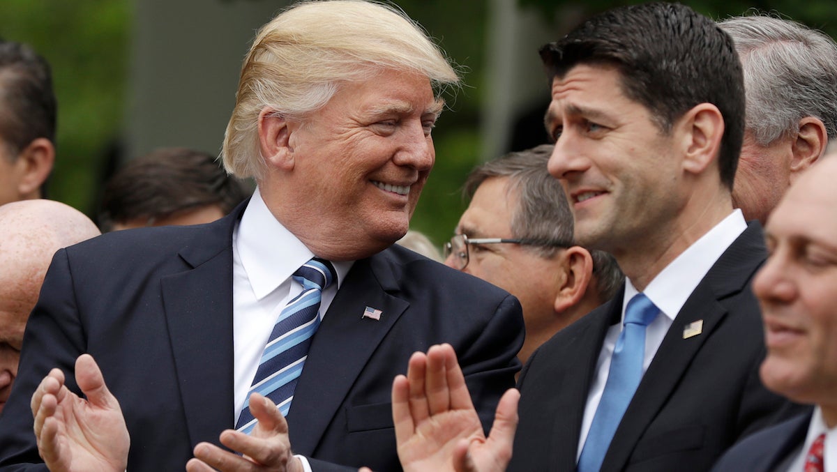  President Donald Trump talks with House Speaker Paul Ryan of Wis. in the Rose Garden of the White House in Washington, Thursday, May 4, 2017, after the House pushed through a health care bill. (AP Photo/Evan Vucci) 