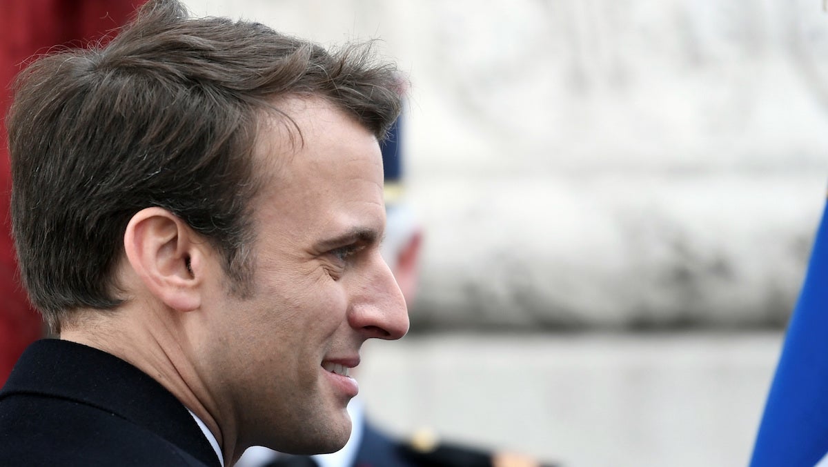  French President-elect Emmanuel Macron, attends a ceremony to mark the end of World War II at the Arc de Triomphe in Paris, Monday, May 8, 2017. France's youngest president faces the daunting task of reuniting a troubled and divided nation riven by anxieties about terrorism and chronic unemployment and ravaged by a bitter campaign against defeated populist Marine Le Pen. (Stephane de Sakutin, Pool via AP) 