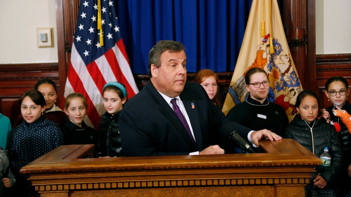  Surrounded by a group of visiting school children from Lakewood, N.J., New Jersey Gov. Chris Christie speaks at a news conference in his offices in Trenton, N.J., Monday, May 22, 2017. Christie is touting the state's 4.1 percent unemployment rate as he urged voters in this year's race for governor not to vote for candidates who will reverse his policies. (AP Photo/Seth Wenig) 