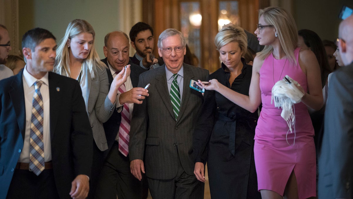  Senate Majority leader Mitch McConnell leaves the chamber after announcing the release of the Republicans' healthcare bill which represents the party's long-awaited attempt to scuttle much of President Barack Obama's Affordable Care Act, at the Capitol in Washington, Thursday, June 22, 2017. The measure represents the Senate GOP's effort to achieve a top tier priority for President Donald Trump and virtually all Republican members of Congress. (AP Photo/J. Scott Applewhite) 